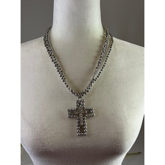 no brand Jewelry - Silver Tone Multi Strand Chunky Cross Necklace Statement